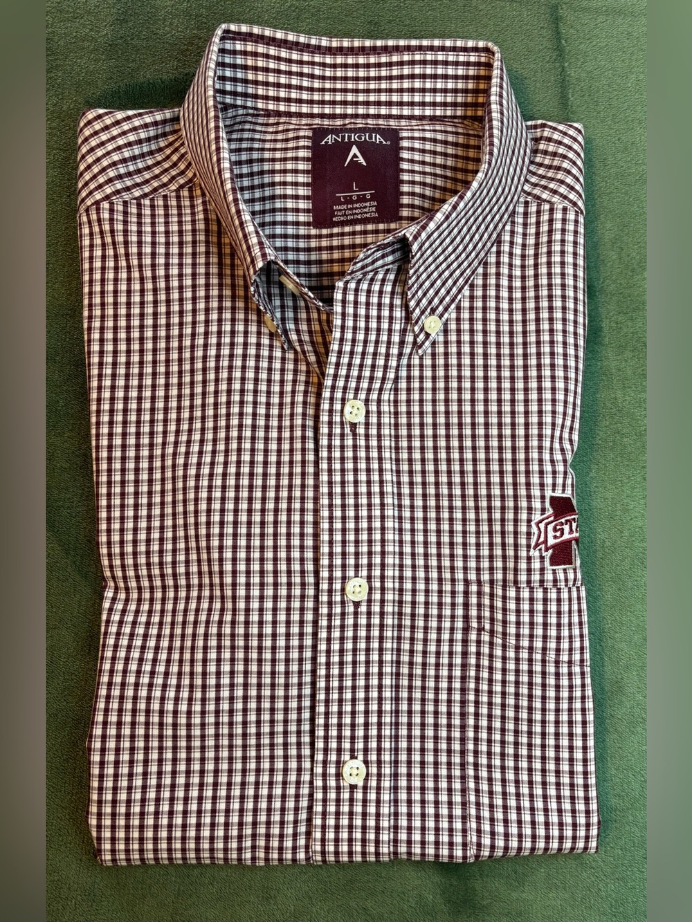 MSU Antigua Men's Maroon & White Checked Button-Down Shirt, Size: L . (6387)